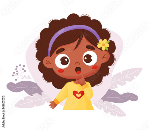 Thoughtful surprised cute black ethnic girl. Vector illustration in cartoon style. Female beautiful character child for design, decor, baby collection.