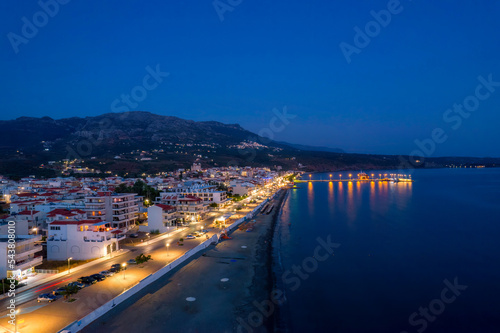 Aerial night view of Neapoli, the head town of vatika area, in lakonia, south Peloponnese , Greece.