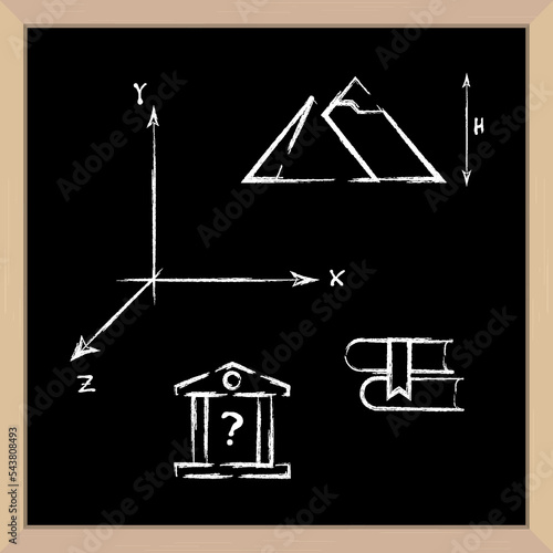 Coordinate axes, Egyptian pyramids, architecture, books. Icon set hand drawn in chalk. School board in a light wooden frame. 3D realistic vector illustration.