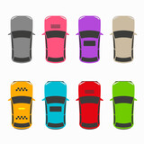 Hatchback passenger cars top view silhouette icon set. Flat vector illustration isolated on white background.