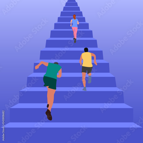 men and a woman run up the stairs