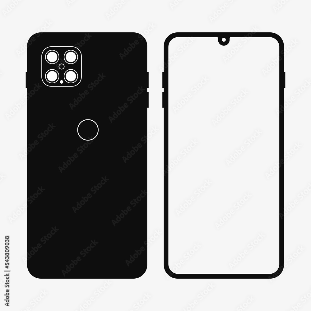 Modern smartphone with notch and quad cameras, blank white display, front and back side. Solid black silhouette cellphone icon. Flat vector illustration isolated on white background. Modern smartphone with notch and quad cameras, blank white display, front and back side. Solid black silhouette cellphone icon. Flat vector illustration isolated on white background.