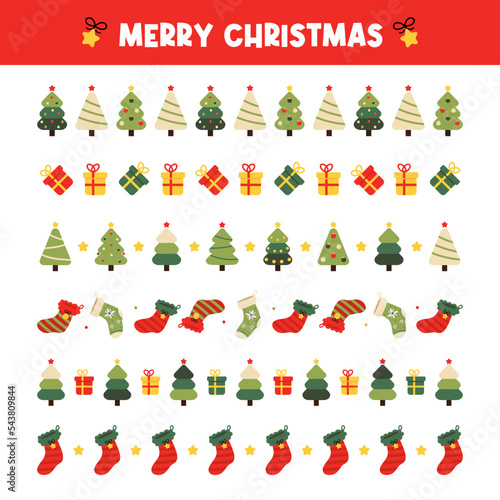 Set, collection of Christmas borders, dividers, design elements for winter holidays design with ecorated christmas trees, gifts, christmas socks.