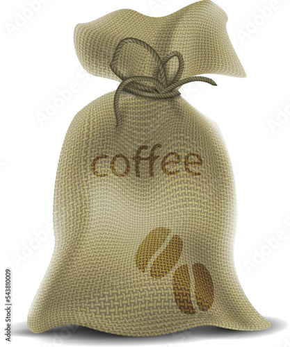 Canvas bag with coffee beans on a white background. Highly realistic illustration.