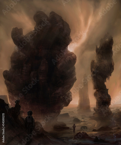 moody scifi landscape hand rocks mars planet with obelisks outerspace unknown