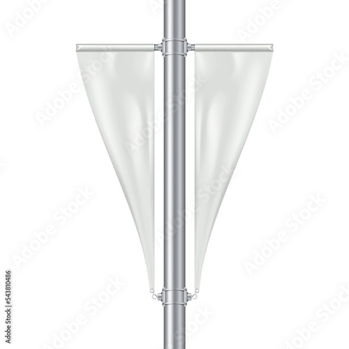 Empty street light pole banner isolated on white background realistic vector mock-up. Blank streetlight display mockup. Triangular poster sign. Template for design