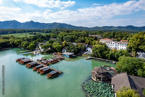 Billede på lærred Aerial photography of Chinese garden landscape of West Lake in Hangzhou, China