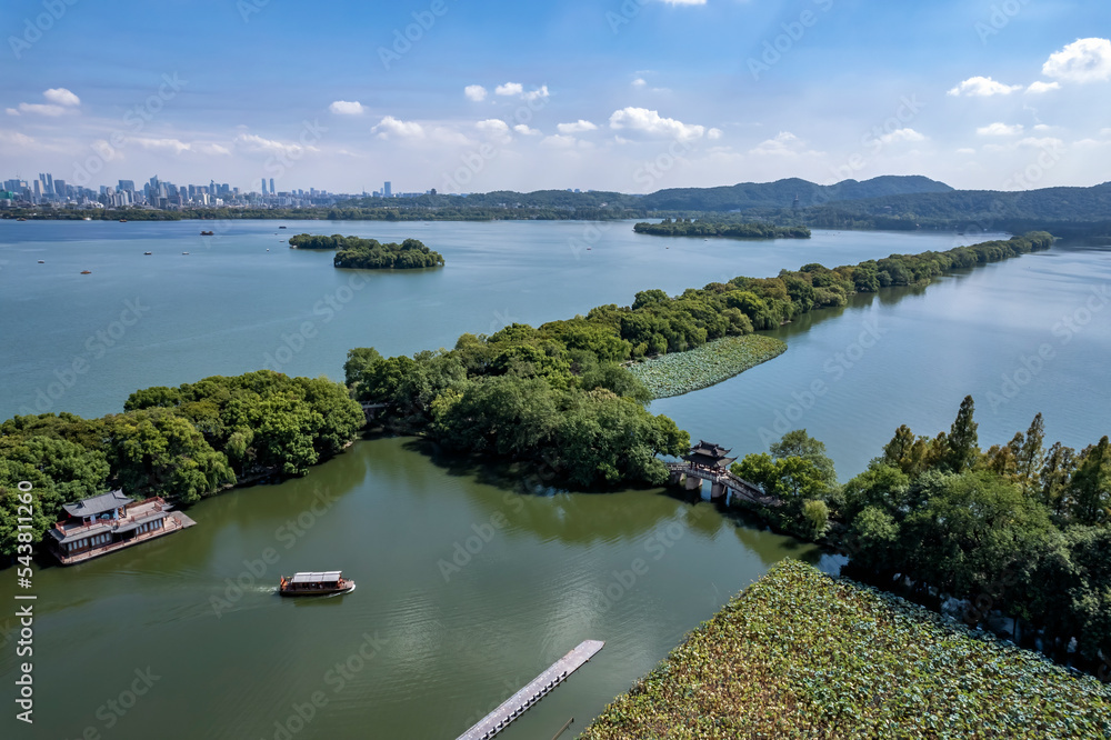 Fototapeta premium Aerial photography of Chinese garden landscape of West Lake in Hangzhou, China