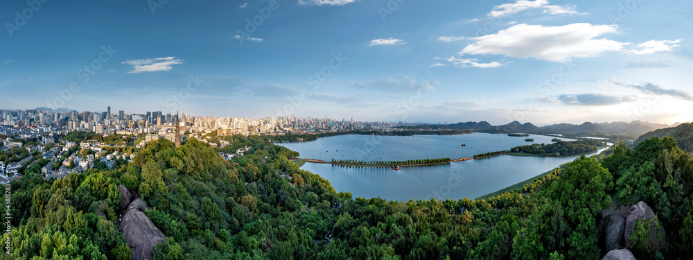 Panoramic aerial photography of urban landscape of West Lake in Hangzhou, China