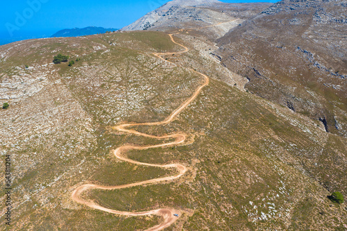 Drone photography from the winding country road to the top of Attavyros Mountain. Rhodes Island, Greece. 