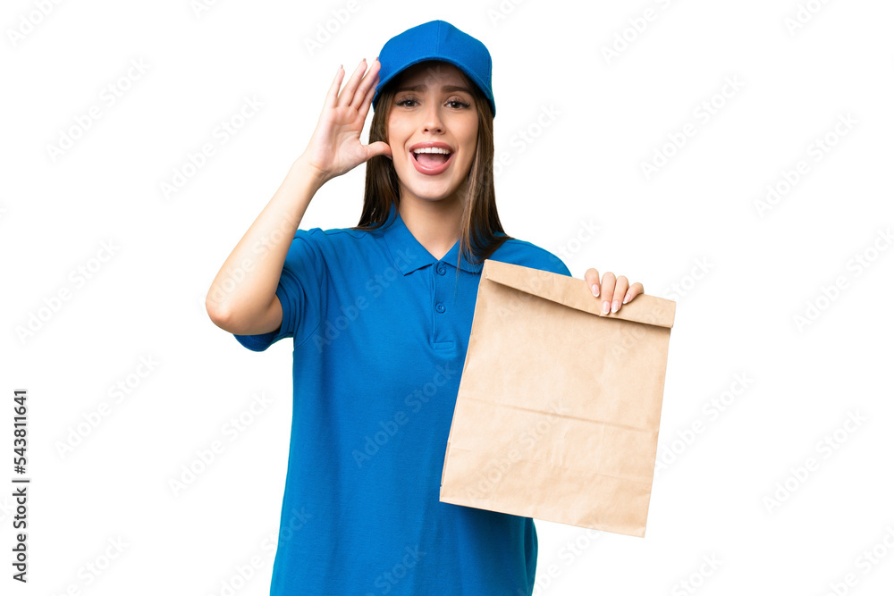 Young beautiful caucasian woman taking a bag of takeaway food over isolated background with surprise expression Young beautiful caucasian woman taking a bag of takeaway food over isolated background with surprise expression
