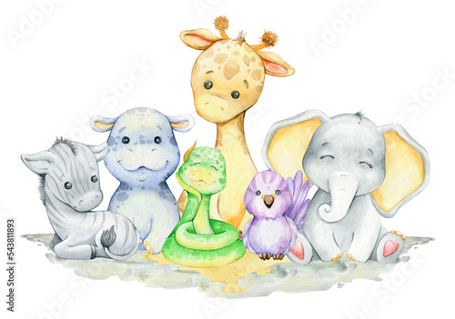 snake, python, hippopotamus, parrot, elephant, giraffe, zebra. Cute African animals in cartoon style, on an isolated background. © Natalia