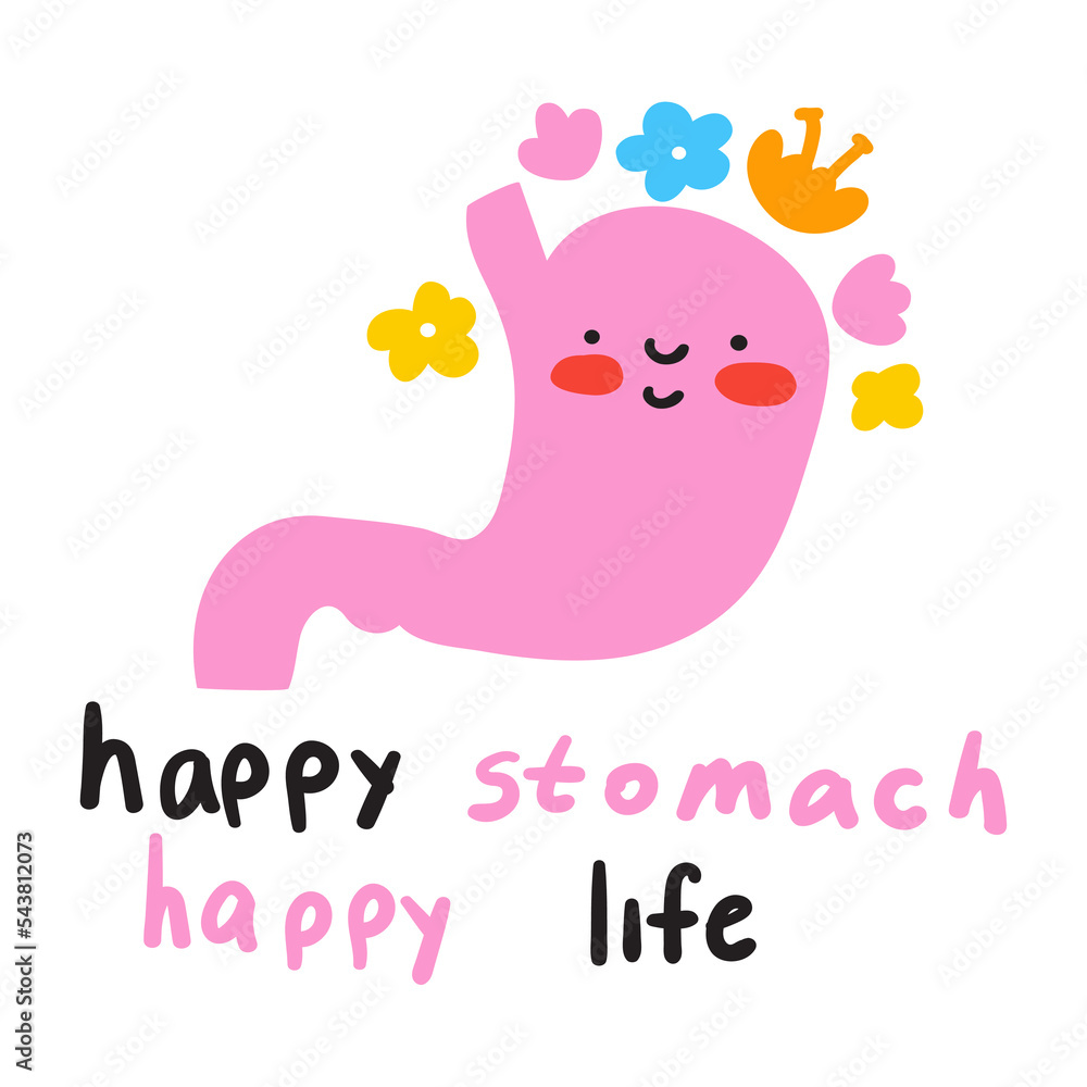 Graphic design. Happy stomach happy life. Flat vector illustration on white background. Graphic design. Happy stomach happy life. Flat vector illustration on white background.