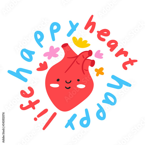 Sticker. Happy heart - happy life. Flat vector hand drawn illustration on white background.