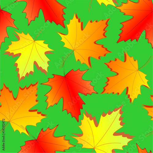 seamless asymmetric pattern of autumn maple leaves on a green background, texture, design