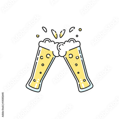 Cheers icon. Vector modern two beer glasses sign.  Party concept sticker.