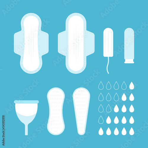 Feminine intimate hygiene. Sanitary napkins, tampon, cup set. Flat vector illustration.