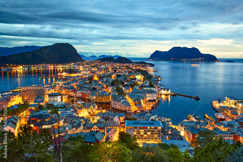 Alesund port town from the top at dusk, Norway