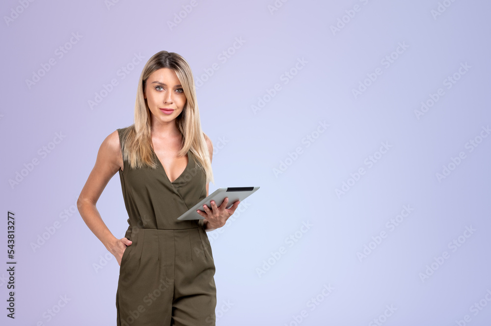 Attentive attractive businesswoman wearing formal wear standing Attentive attractive businesswoman wearing formal wear standing