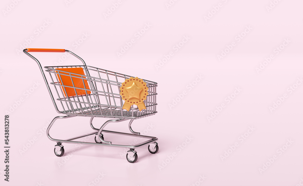 3d shopping carts or basket with golden quality guarantee ribbon isolated on pink background. premium quality ribbon, minimal concept, 3d render illustration, clipping path 3d shopping carts or basket with golden quality guarantee ribbon isolated on pink background. premium quality ribbon, minimal concept, 3d render illustration, clipping path