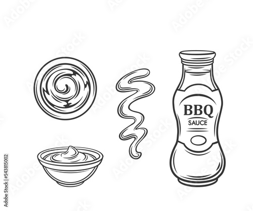 BBQ sauce outline icons set vector illustration. Line hand drawing glass bottle of barbecue with label and lid, drip splash for hot grill barbeque burger and sausage, sauce with smoked flavor in bowl