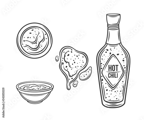 Hot chili sauce outline icons set vector illustration. Line hand drawing glass bottle of sweet and sour chilli spicy sauce, splash stain of gourmet product, bowl with chili salsa in top and side view