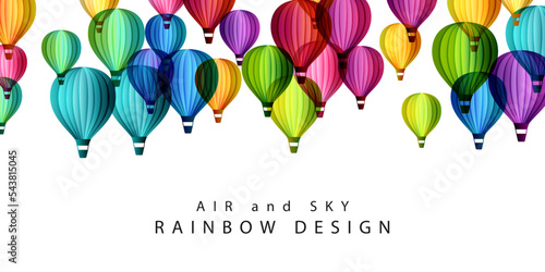 Rainbow air balloons composition. Colorful abstract vector background. Horizontal top border for travel, adventure, holiday or festival conceptual design.