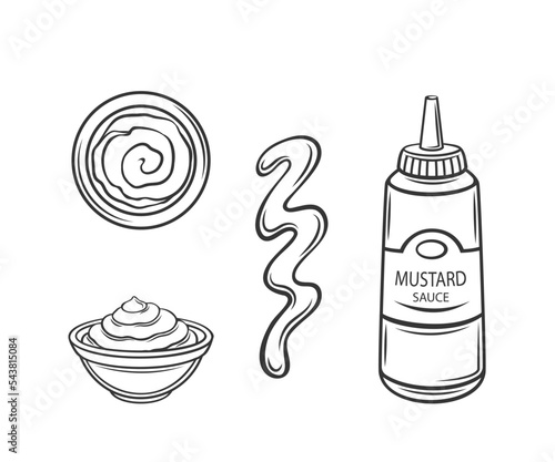 Mustard sauce outline icons set vector illustration. Line hand drawing plastic bottle with food condiment, squirt and label on container, swirl splash from tube, bowl with mustard in top and side view