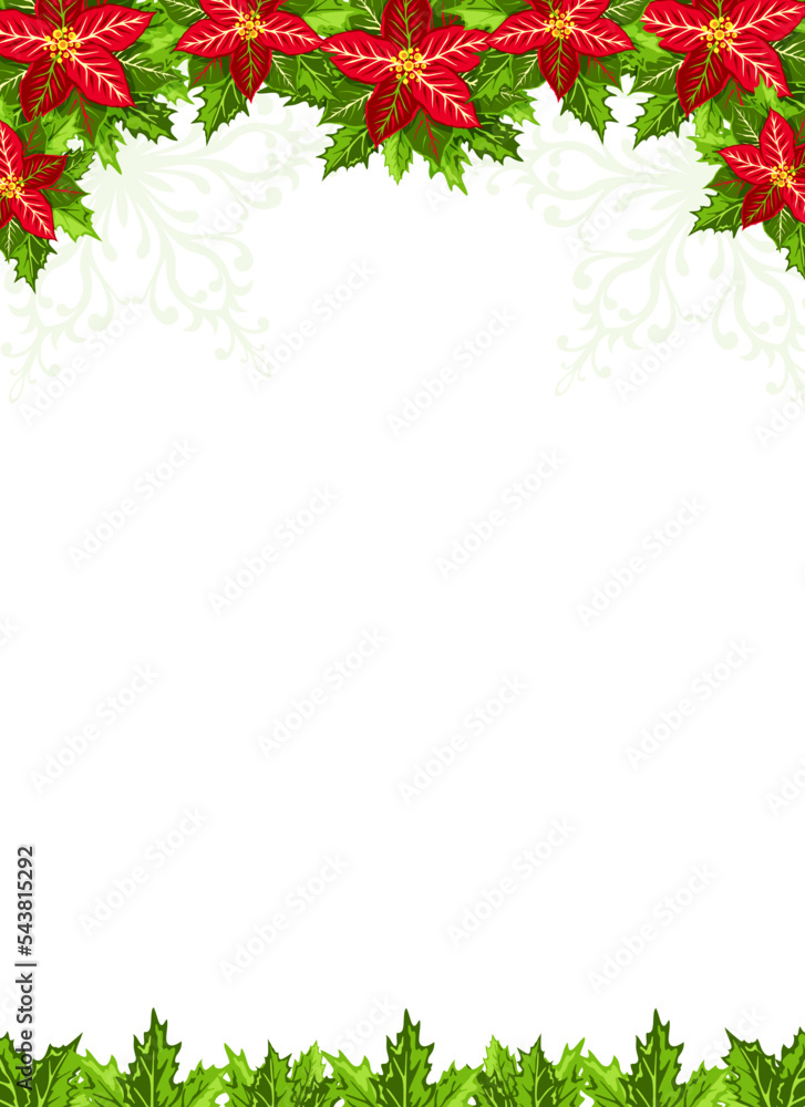Christmas background with red poinsettia and holly leaves decoration elements.