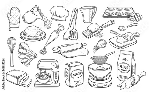 Bakery outline icons set vector illustration. Line hand drawn ingredients to bake and cook in kitchen, bakers tools to make dough and whipped cream cake, food and dessert preparation symbols
