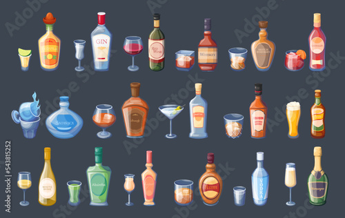 Bottles and glasses with alcohol set vector illustration. Drinks menu with wine and beer, cartoon alcoholic beverages and cocktails for drinking at bar, isolated liquor and brandy, champagne