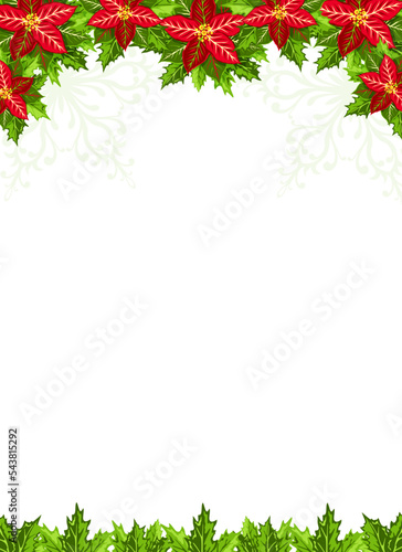 Christmas background with red poinsettia and holly leaves decoration elements.