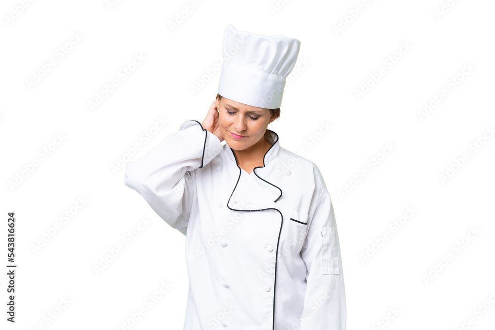 Middle-aged chef woman over isolated background with neckache