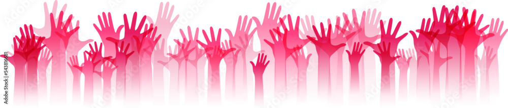 Hands up silhouettes, horizontal border. Decoration element from pink raised hands. Conceptual illustration for festivals, concerts, social and tolerance public communities, education or volunteering. Hands up silhouettes, horizontal border. Decoration element from pink raised hands. Conceptual illustration for festivals, concerts, social and tolerance public communities, education or volunteering.