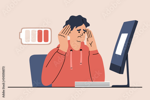 Exhausted tired worker at a computer with low energy needs rest. Man has frustration and stress. Burnout and overworked. Hand drawn vector illustration isolated on color background, flat cartoon style