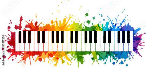 Creative rainbow musical illustration. Vector decoration element with piano keys silhouette and rainbow paint splashes