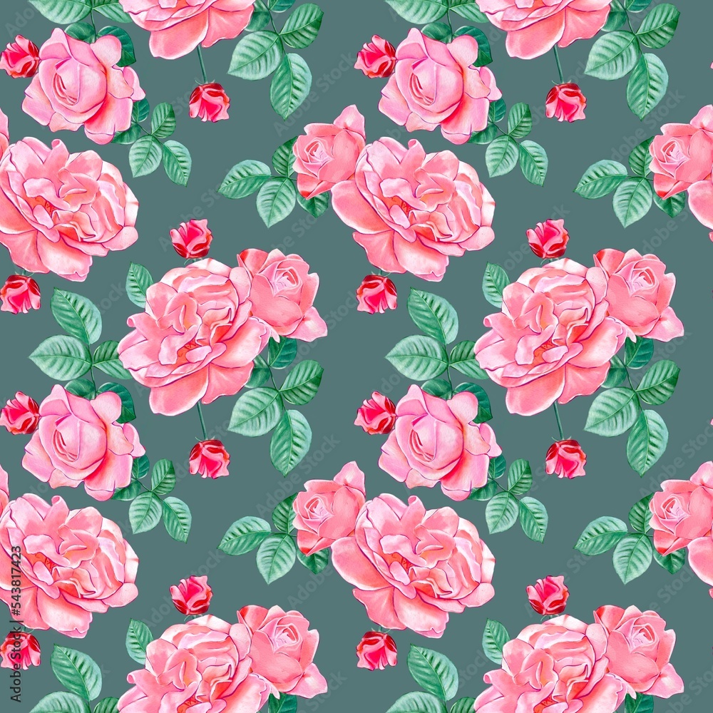 Seamless pattern with  roses and leaves