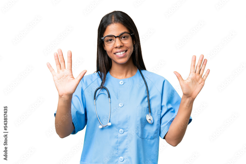 Young African american nurse woman over isolated background counting ten with fingers Young African american nurse woman over isolated background counting ten with fingers