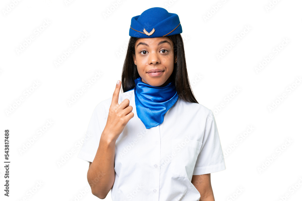 Airplane stewardess African american woman over isolated background pointing with the index finger a great idea Airplane stewardess African american woman over isolated background pointing with the index finger a great idea