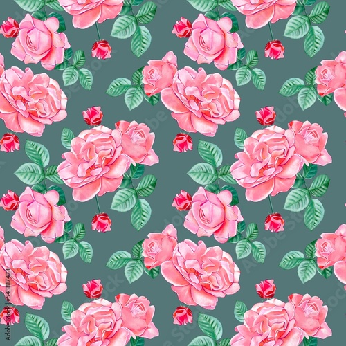 Seamless pattern with  roses and leaves © Diasha Art