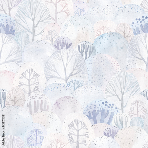 A repeating winter landscape  hills  drifts  trees. Watercolor illustration. Winter seamless pattern. Pastel colors.