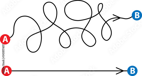 Tangled scribble and straight ways. Conceptual vector illustration of difficult and  simple process or way.