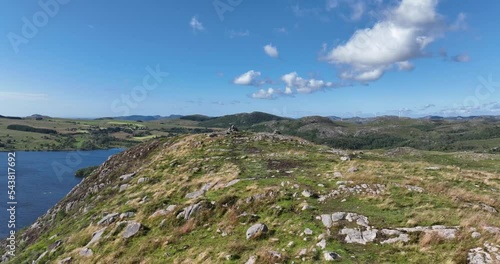 Aerial landscape footage of a lake in a valley in Algard, Norway photo