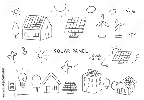 太陽光発電にまつわる手描きイラストセット（モノクロ）