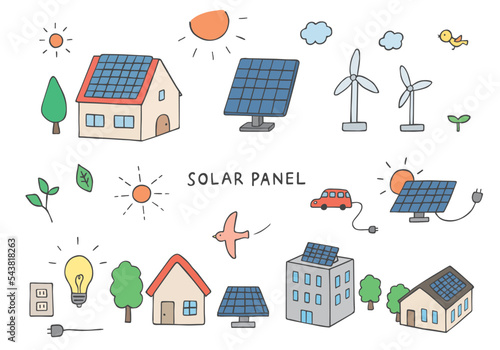 太陽光発電にまつわる手描きイラストセット（カラー）