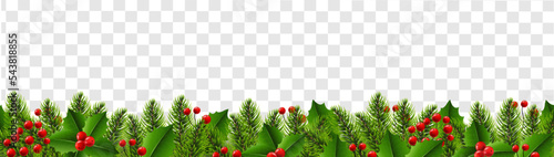 Christmas Border With Fir Tree And Holly Berry Transparent background