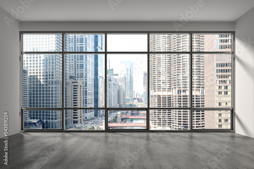 Downtown Chicago City Skyline Buildings from Window. Beautiful Expensive Real Estate. Epmty office room Interior Skyscrapers, River walk, bridge, waterfront view. Cityscape. Day time. 3d rendering.