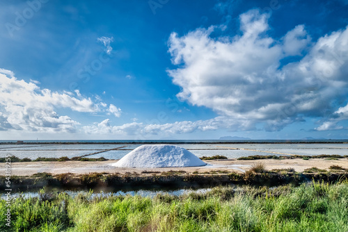 Salt pans saltworks between Marsala and Trapani on Sicily in Italy