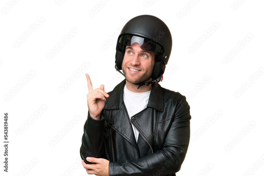 Young caucasian man with a motorcycle helmet isolated on green chroma background pointing up a great idea Young caucasian man with a motorcycle helmet isolated on green chroma background pointing up a great idea
