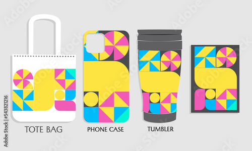 Retro geometric style Textile tote bag mockup.Bauhaus forms. design for cloth, clothes, phone case, tumbler. 